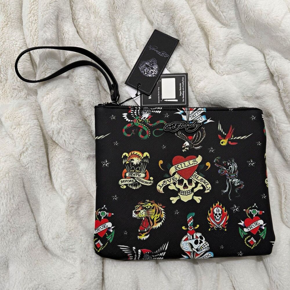 Ed Hardy black tattoo skull print wristlet clutch zip pouch w/ inner pockets